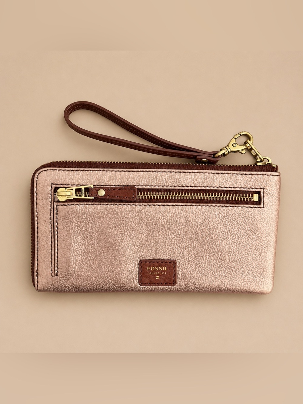 Fossil Rose Gold Leather Wristlet Wallet | iPhone ProMax Compatible | Zip Around